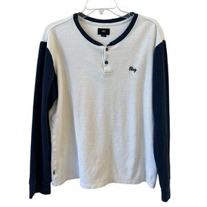 Obey White and Navy Long Sleeve Henley Thick Large